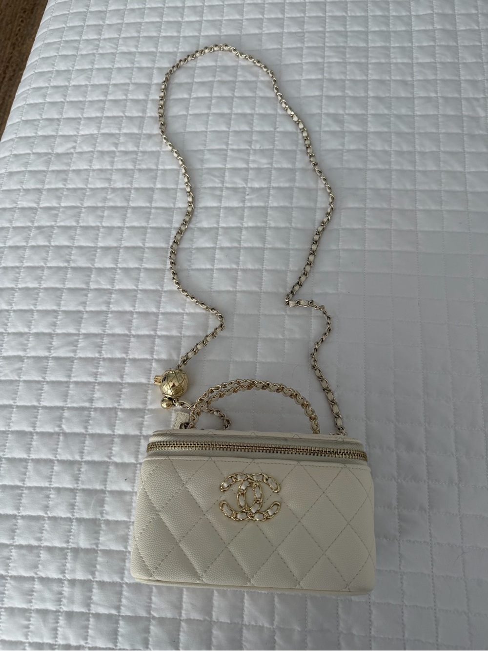 CHANEL Cream Quilted Mini Vanity Crossbody with Gold Chain